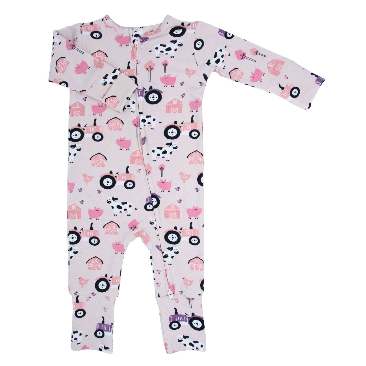Baby girl farm print romper in light pink/white, long sleeves, full-foot legs
