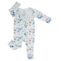 Girl long-sleeve romper with watercolor butterfly print and snap-front placket
