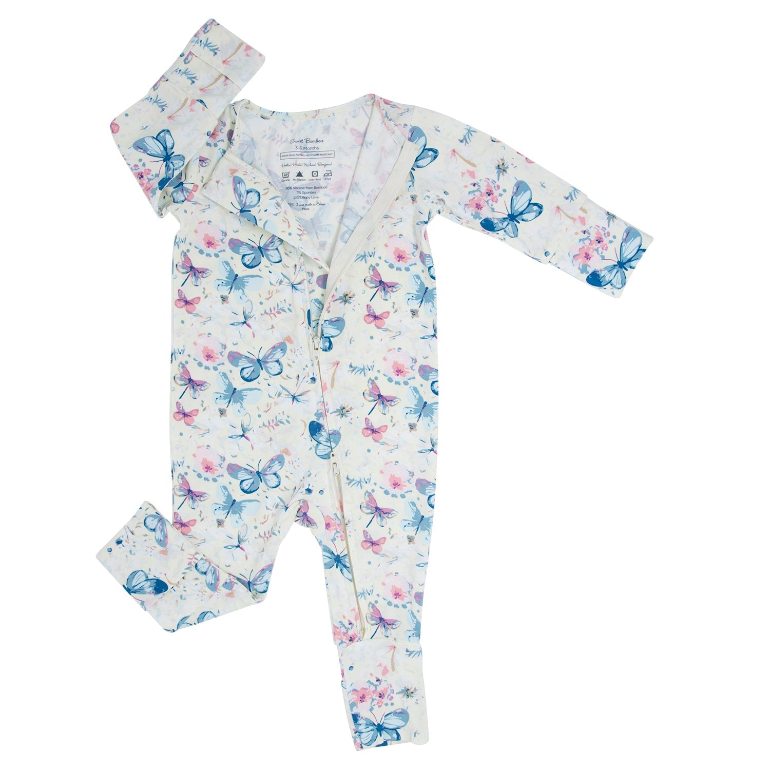 Girl long-sleeve romper with watercolor butterfly print and snap-front placket
