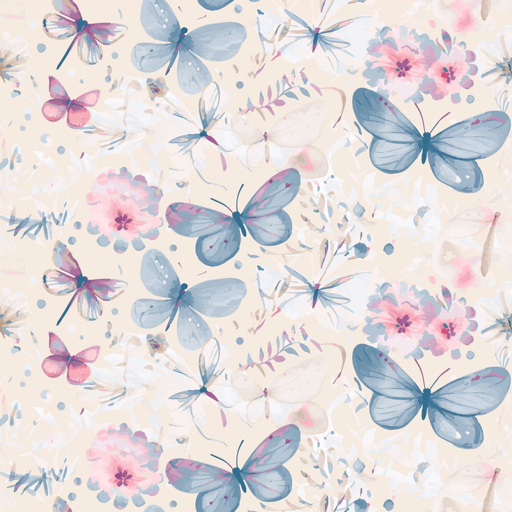 Watercolor butterfly print fabric swatch with pink and blue butterflies