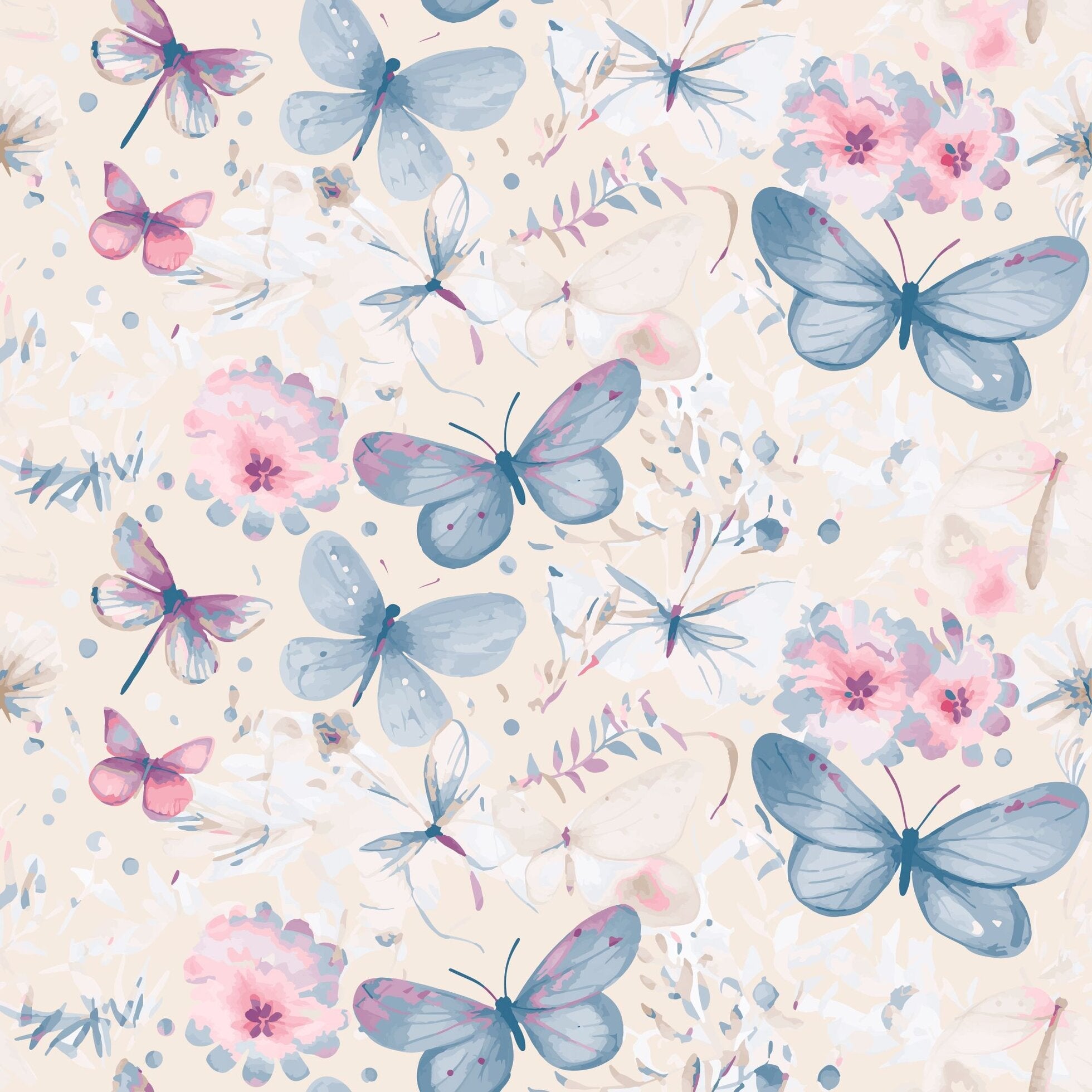 Watercolor butterfly print fabric swatch with pink and blue butterflies