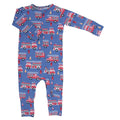 Blue fire truck print convertible romper for boys, long sleeves, full-body
