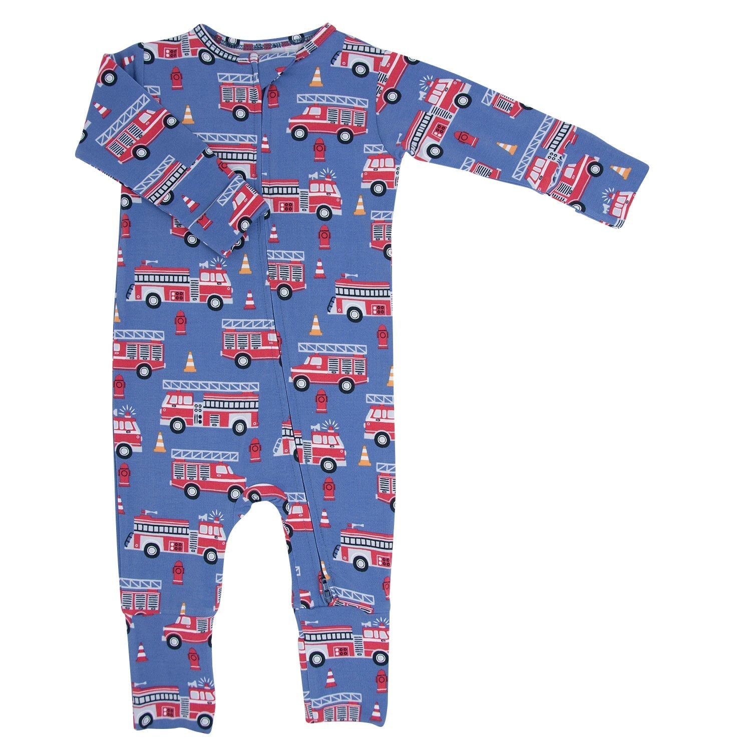 Blue fire truck print convertible romper for boys, long sleeves, full-body