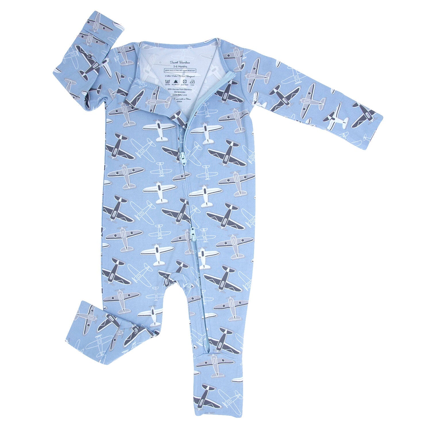 Blue airplane print long-sleeve convertible romper with snap front