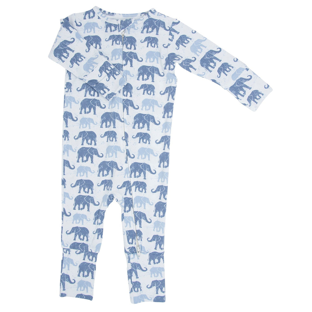 Elephant-print baby romper, light blue allover pattern, long sleeves and long legs