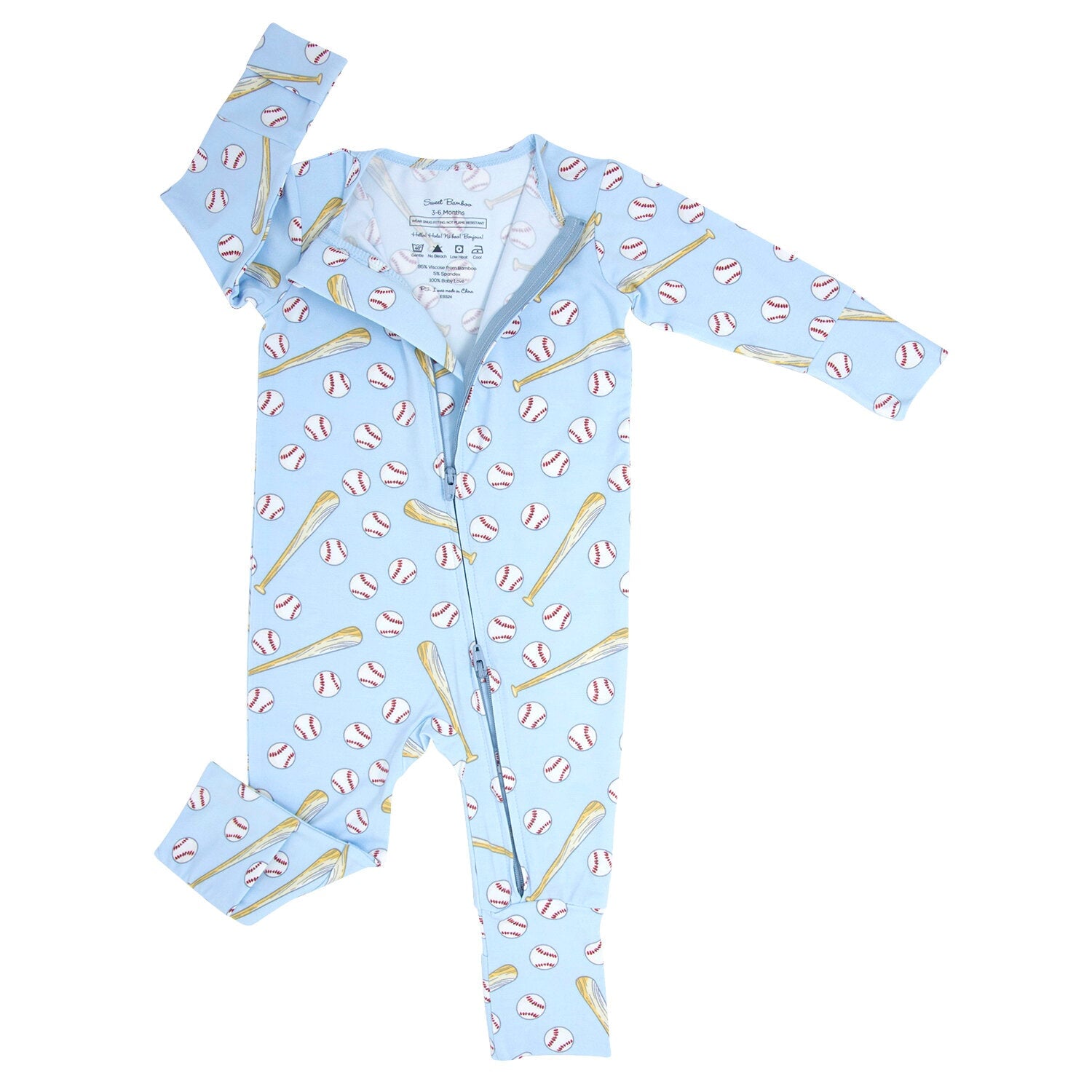 Light blue baseball-print romper with collar, button front, long sleeves and footed legs