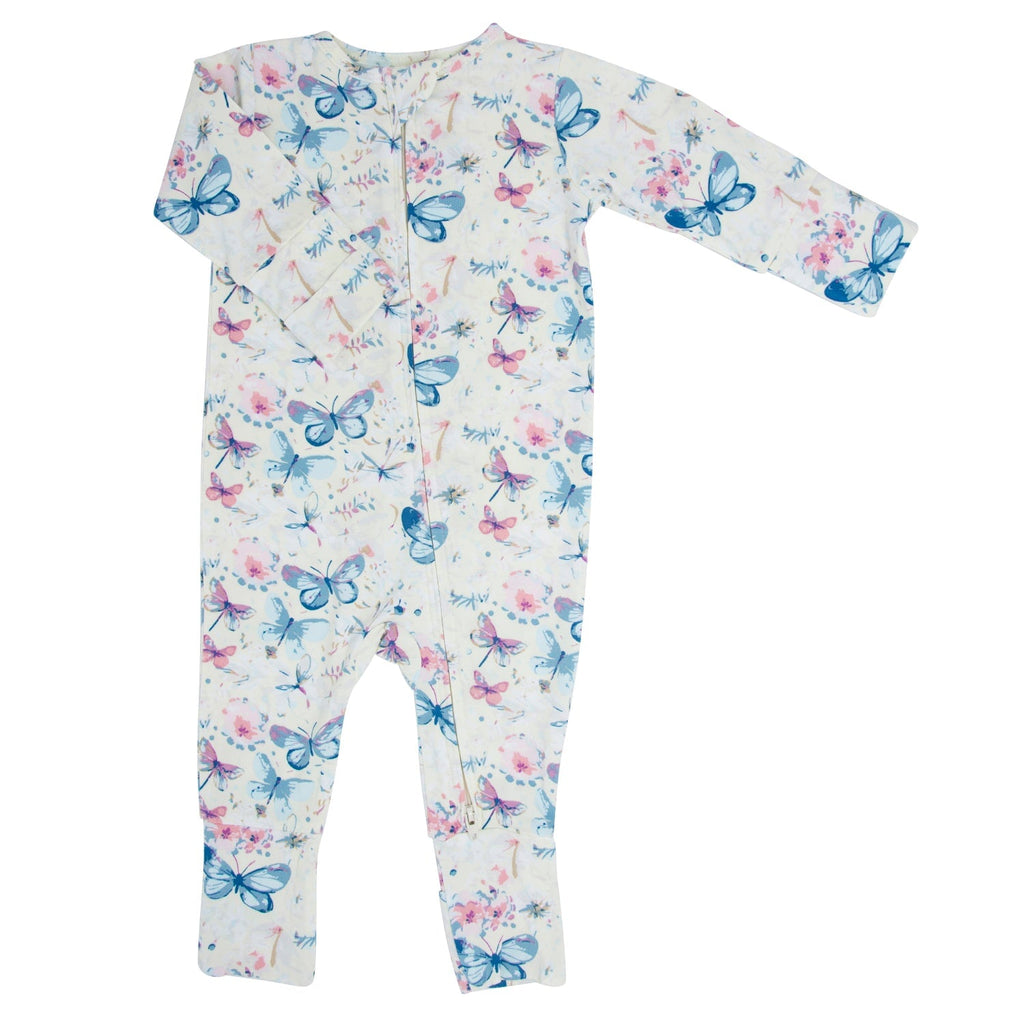 Girl long-sleeve romper with watercolor butterfly print and snap-front bodice