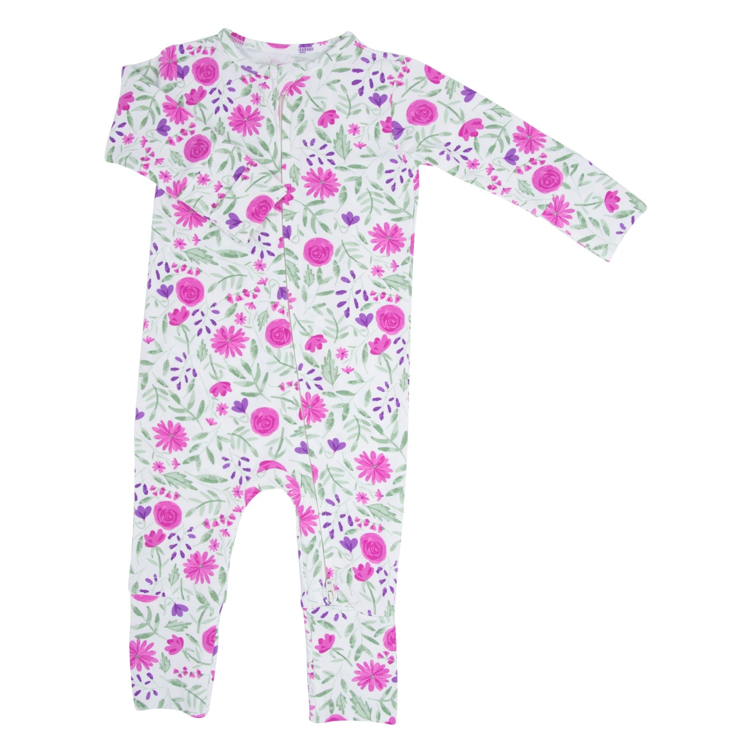 Floral long-sleeve footed romper, white with pink and purple flower pattern
