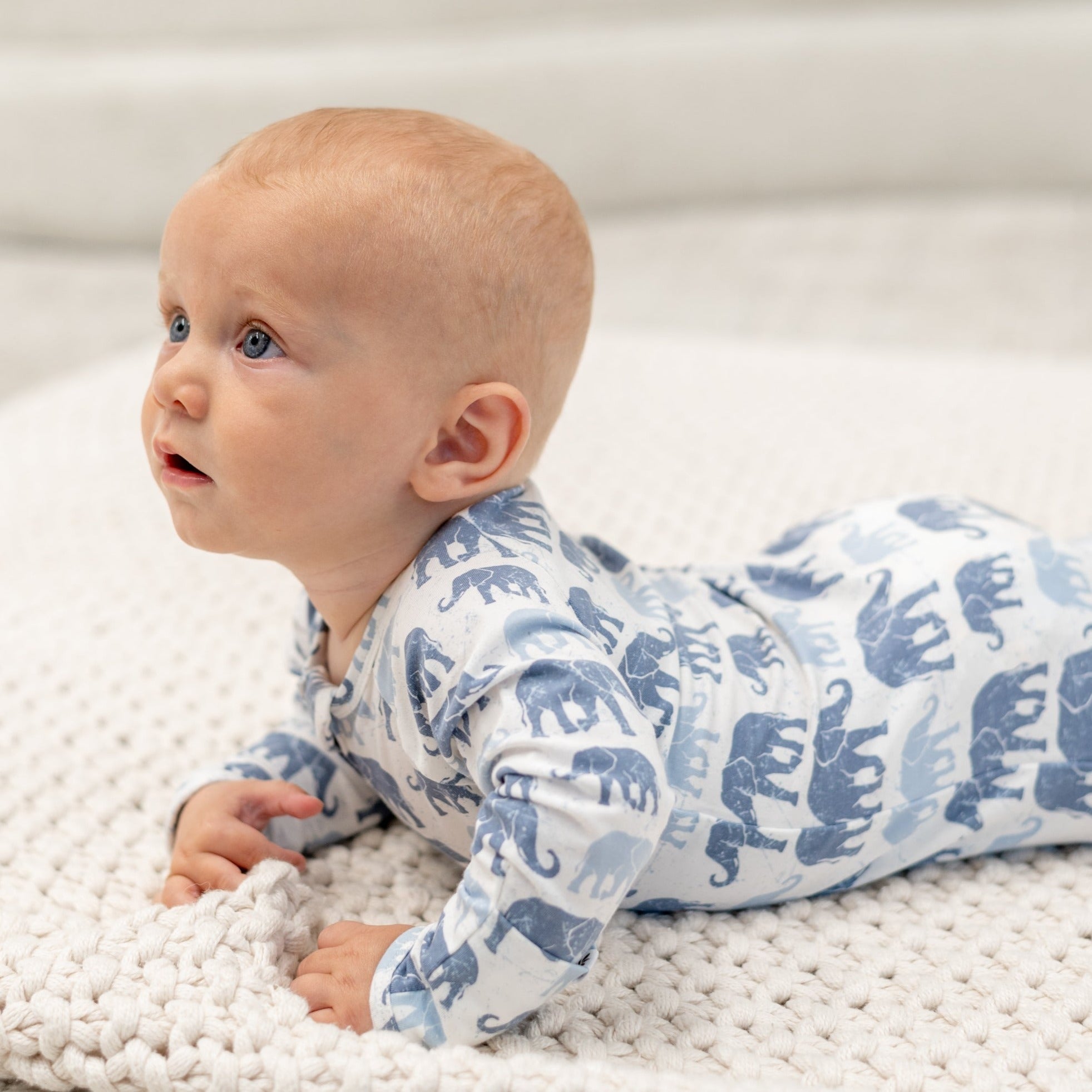 Elephant-print baby romper in light blue, long sleeves with matching leg cuffs