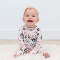 Baby girl farm print footie romper, light pink/white, long sleeves, zip front