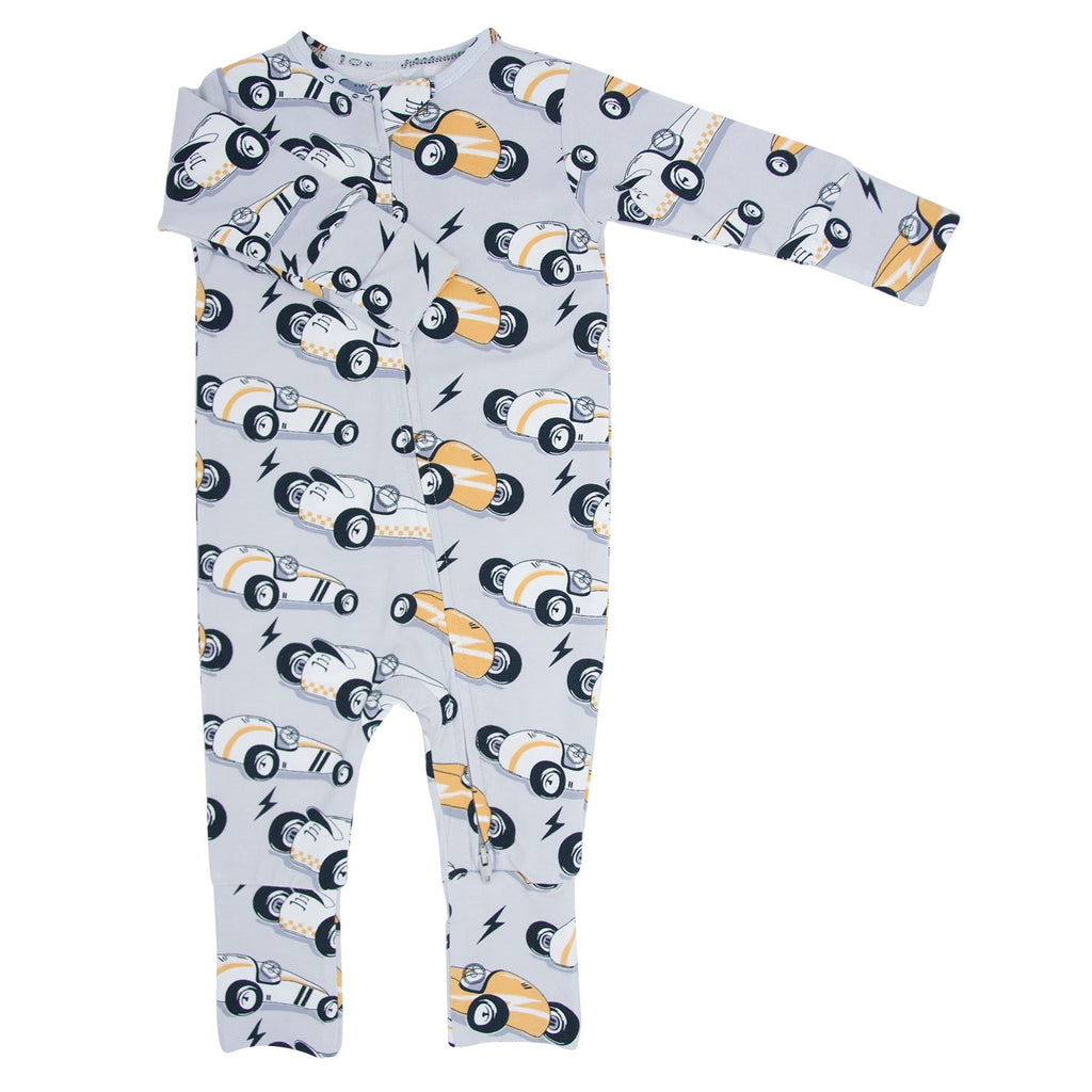 Light blue racecar-print long-sleeve romper with snap legs