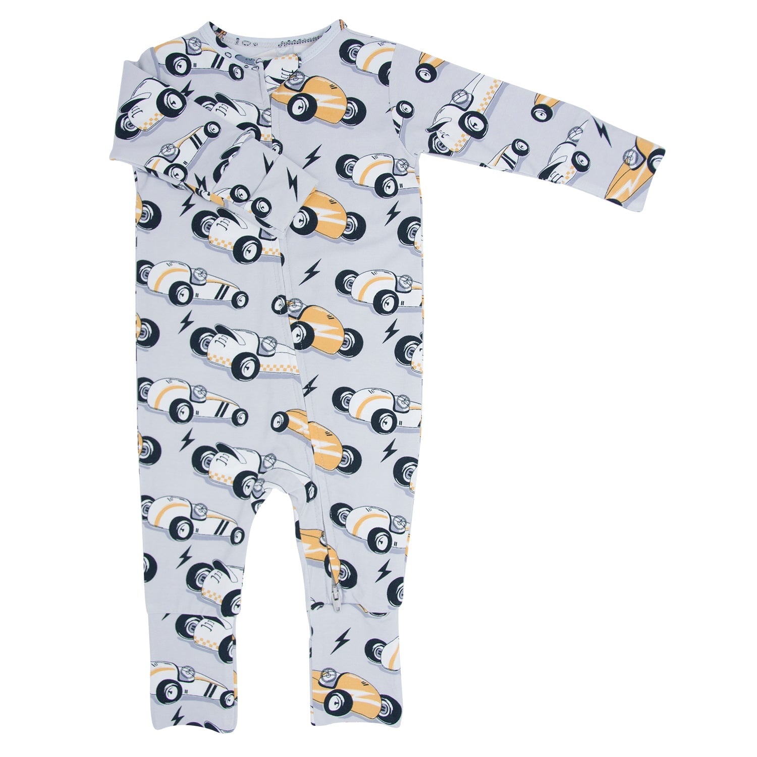 Light blue racecar-print long-sleeve romper with snap legs