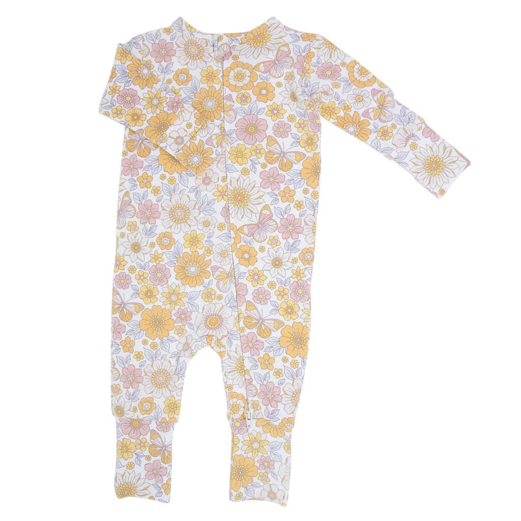 Floral long-sleeve infant romper in pastel yellow, pink, and white; full-length one-piece