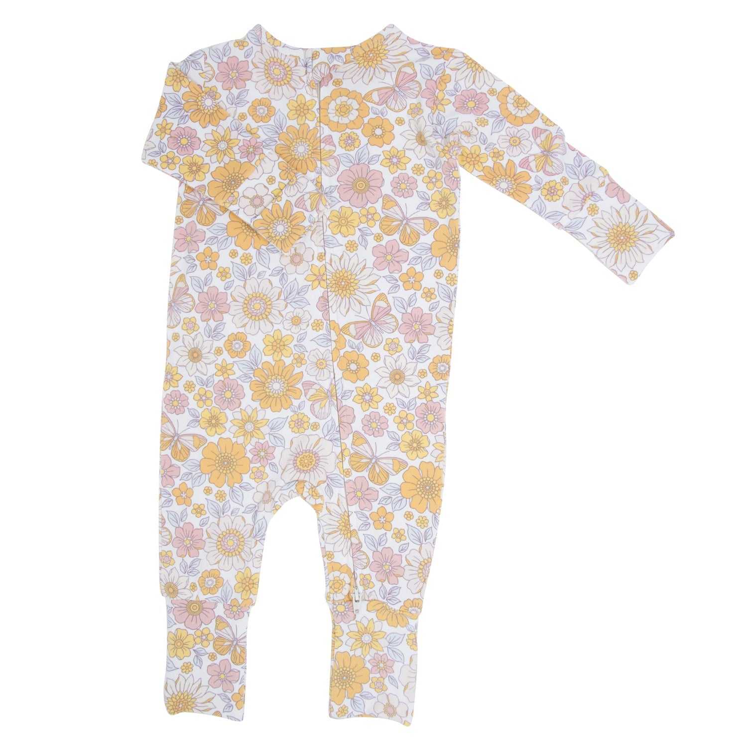Floral long-sleeve infant romper in pastel yellow, pink, and white; full-length one-piece
