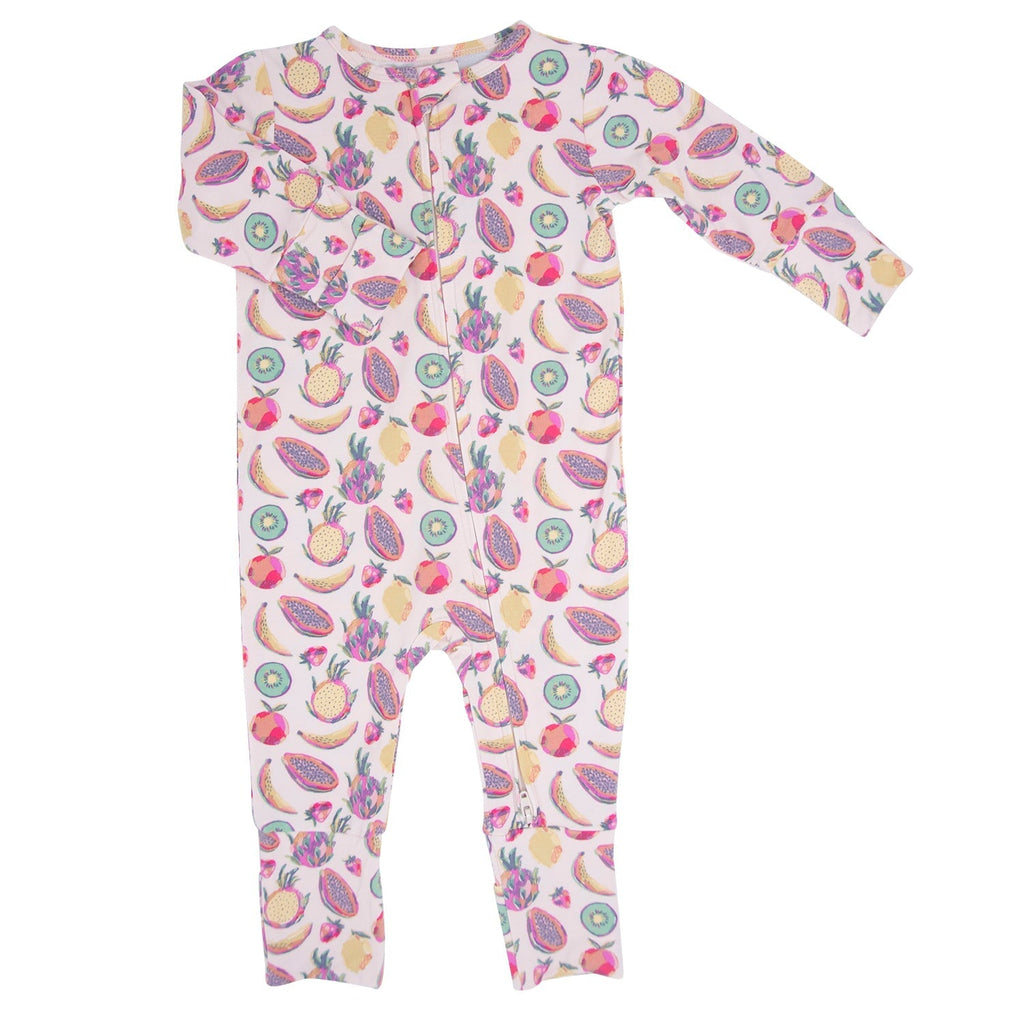 Girl's fruit-print footed romper with long sleeves and rounded neckline