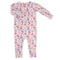 Girl's fruit-print footed romper with long sleeves and rounded neckline