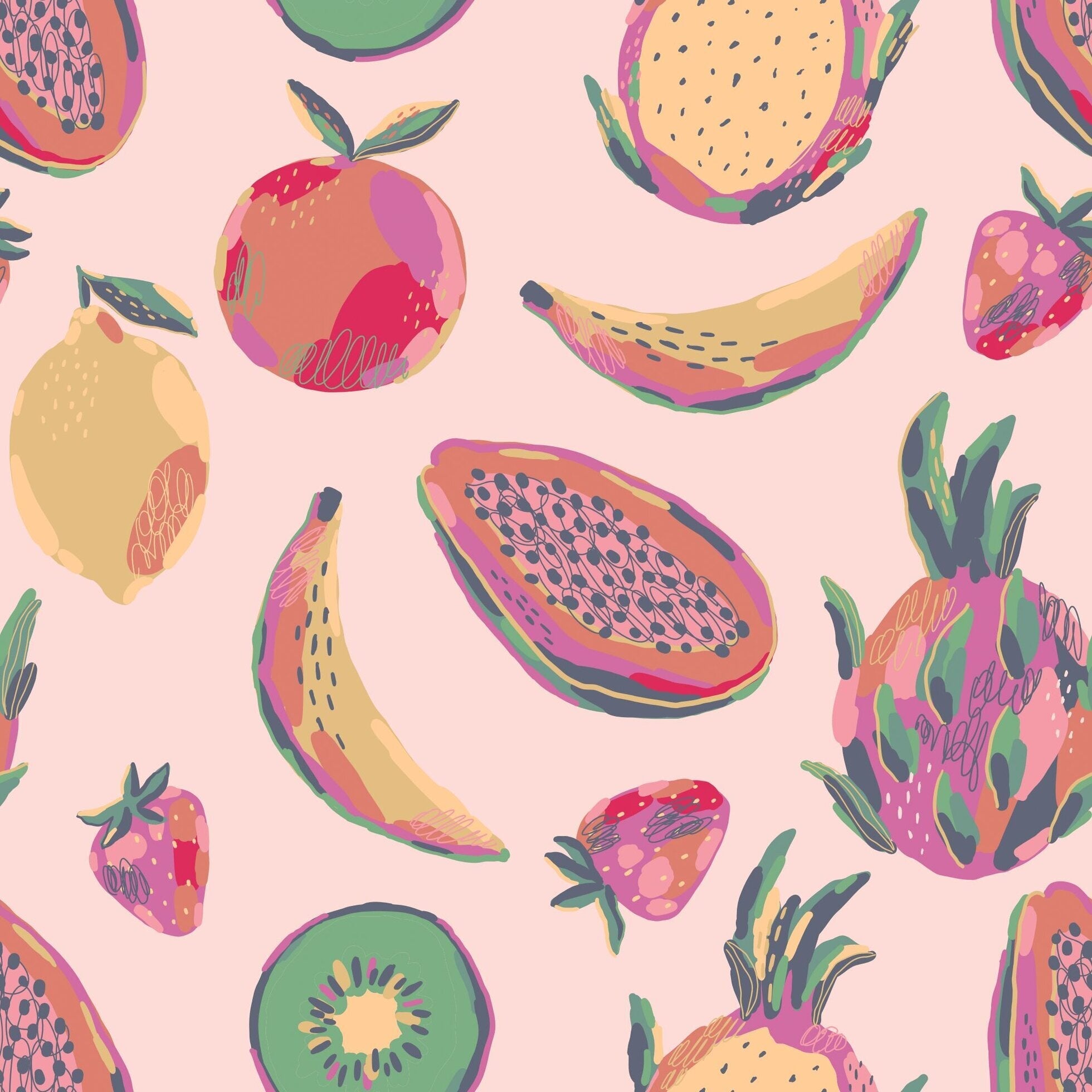 Fruit-print romper fabric swatch with tropical fruit pattern on light background