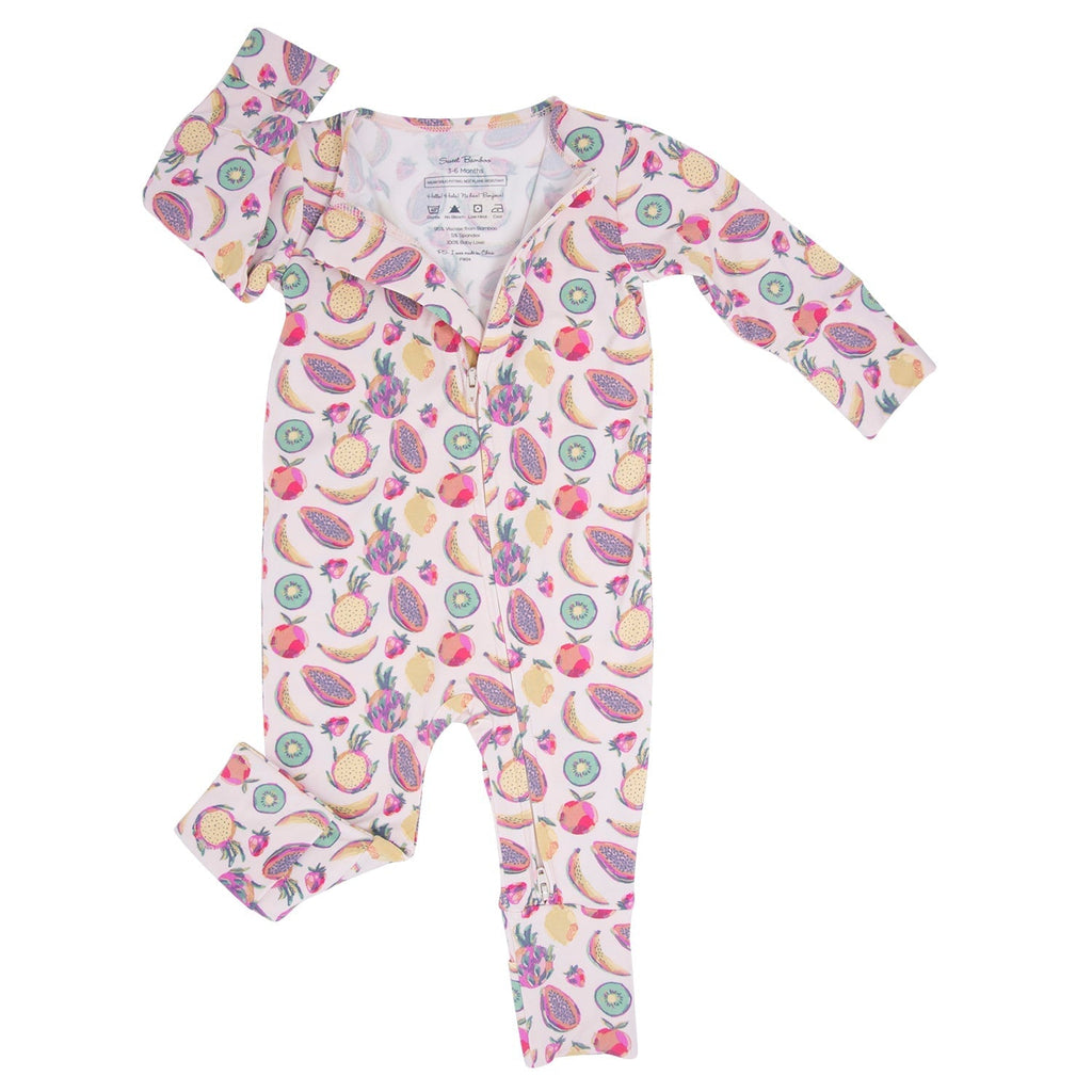 Girl's fruit-print footed romper with long sleeves and V-shaped neckline