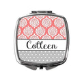 Personalized compact mirror purse with coral damask, gray polka band, name Colleen