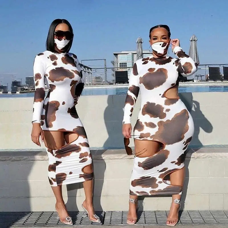 Cow Print Women Irregular Hole Maxi Dress