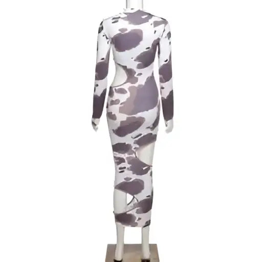 Cow Print Women Irregular Hole Maxi Dress