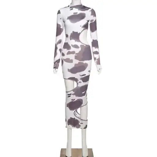 Cow Print Women Irregular Hole Maxi Dress