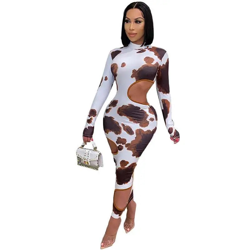 Cow Print Women Irregular Hole Maxi Dress