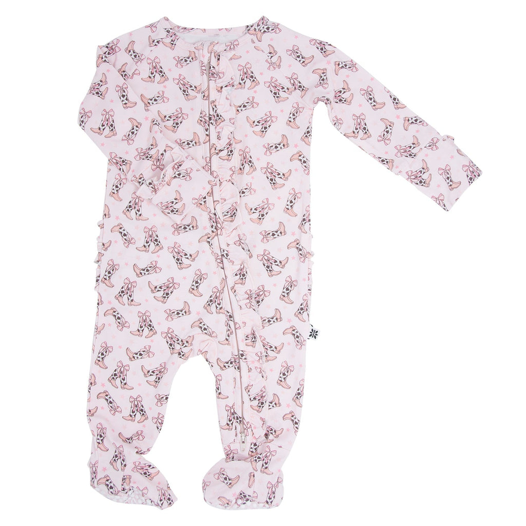 Girls pink long-sleeve footie with bow-and-boots print, front zipper, footed legs
