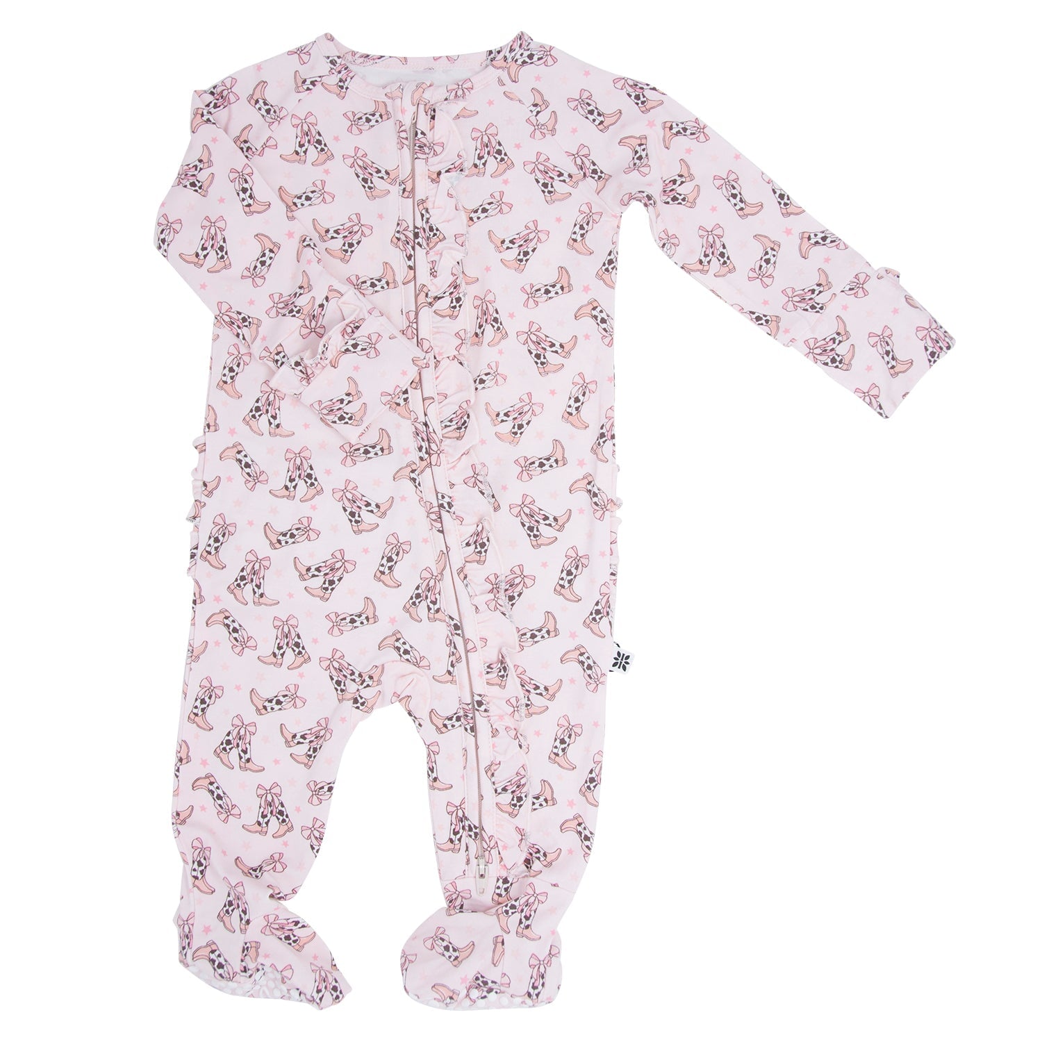 Girls pink long-sleeve footie with bow-and-boots print, front zipper, footed legs