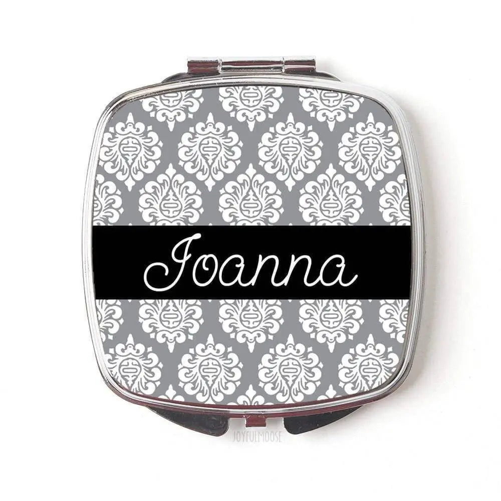 Custom compact mirror front: gray damask pattern with white Joanna name