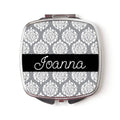 Custom compact mirror front: gray damask pattern with white Joanna name
