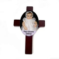 Maroon baptism keepsake cross with round baby portrait and white text