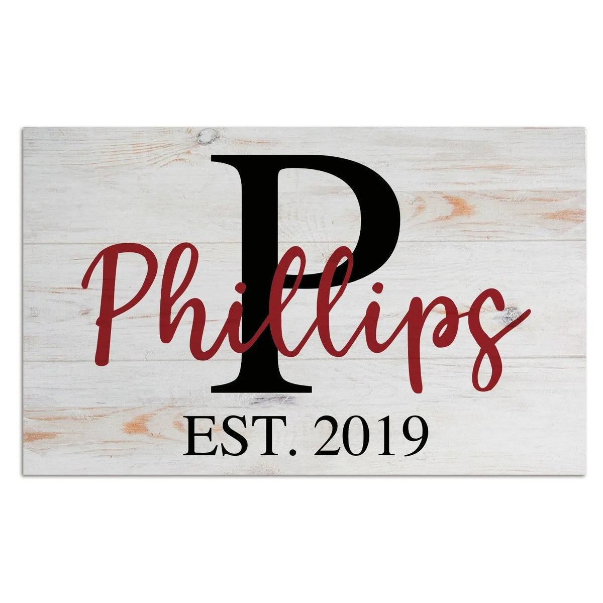 Rustic wooden wedding family name sign with red script, black initial P, and EST. 2019