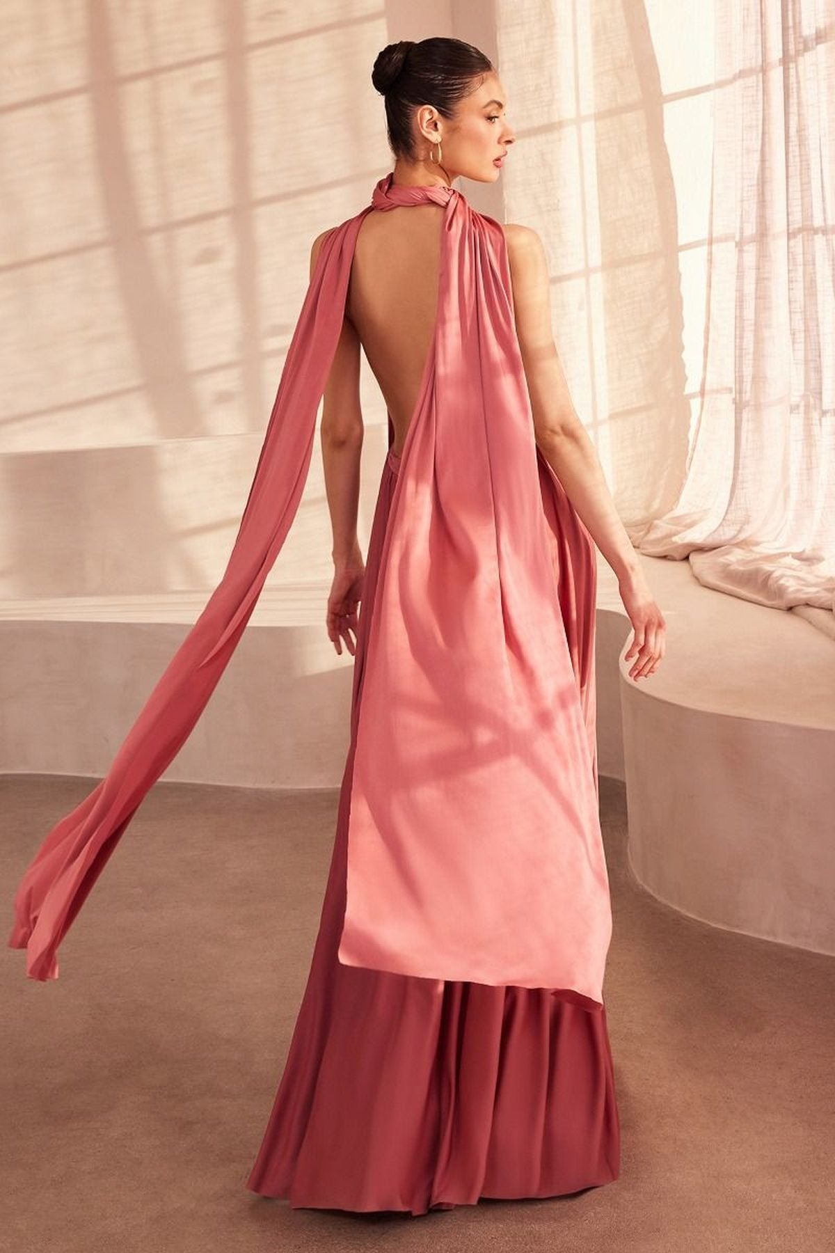 Dusty mauve halter maxi dress with open back and long tie straps