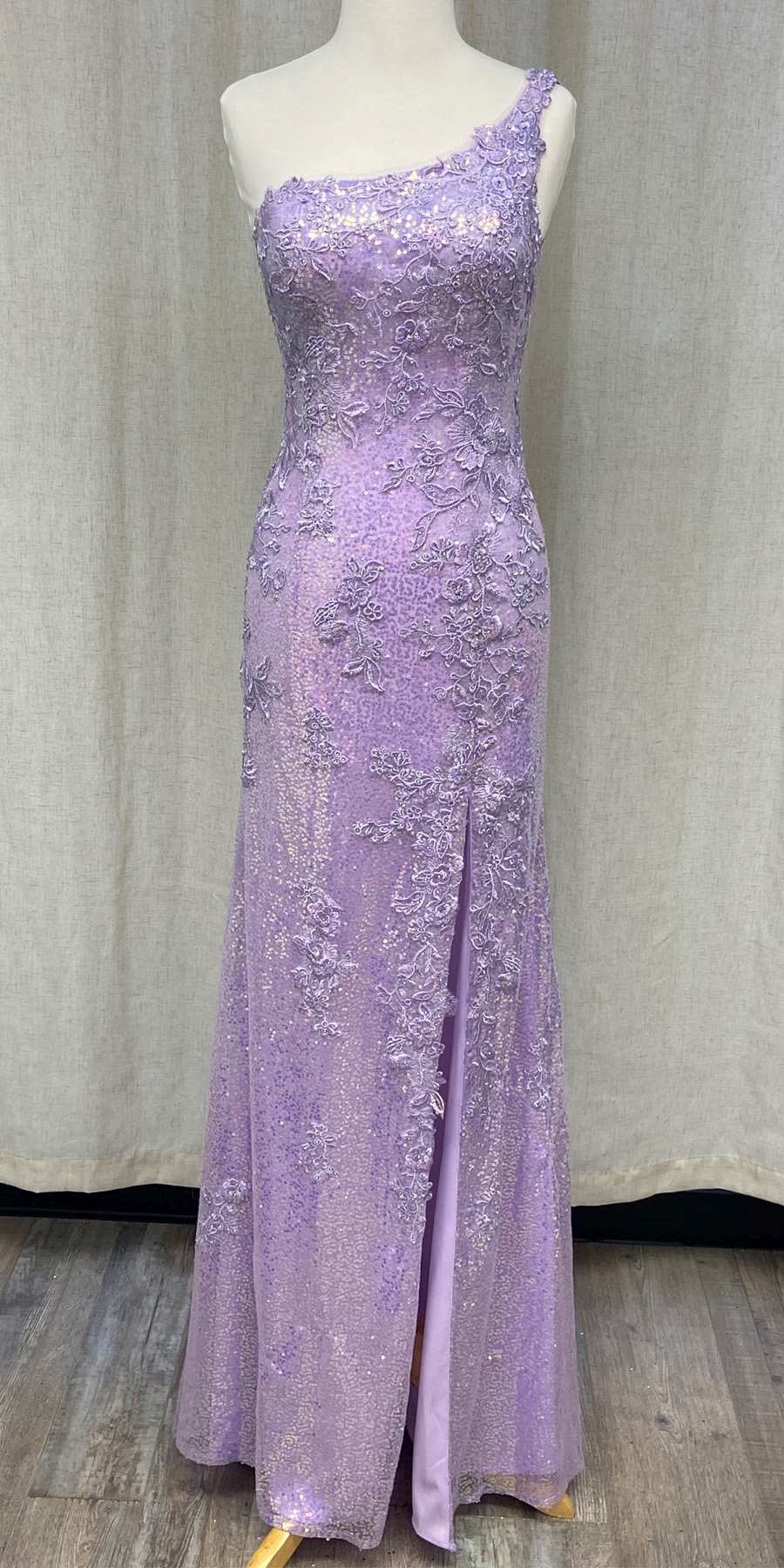 Lavender sequin one-shoulder evening gown with long skirt and front slit