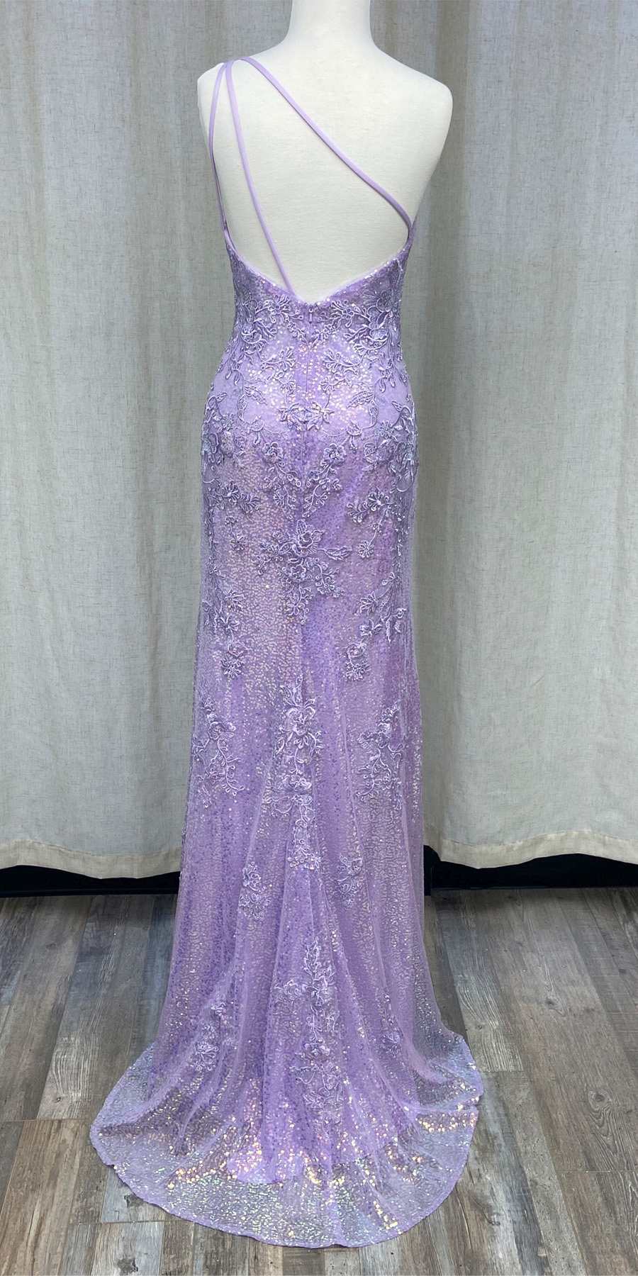Lavender sequin open-back evening gown with crisscross straps and long skirt