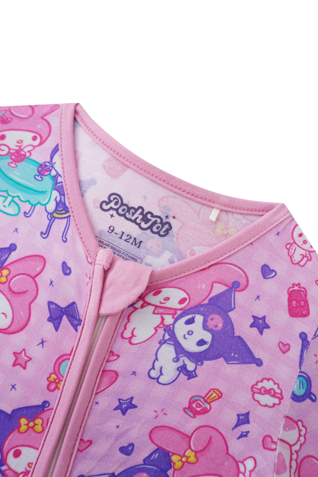 Pink bamboo baby romper neckline with front zipper placket and Kuromi character print