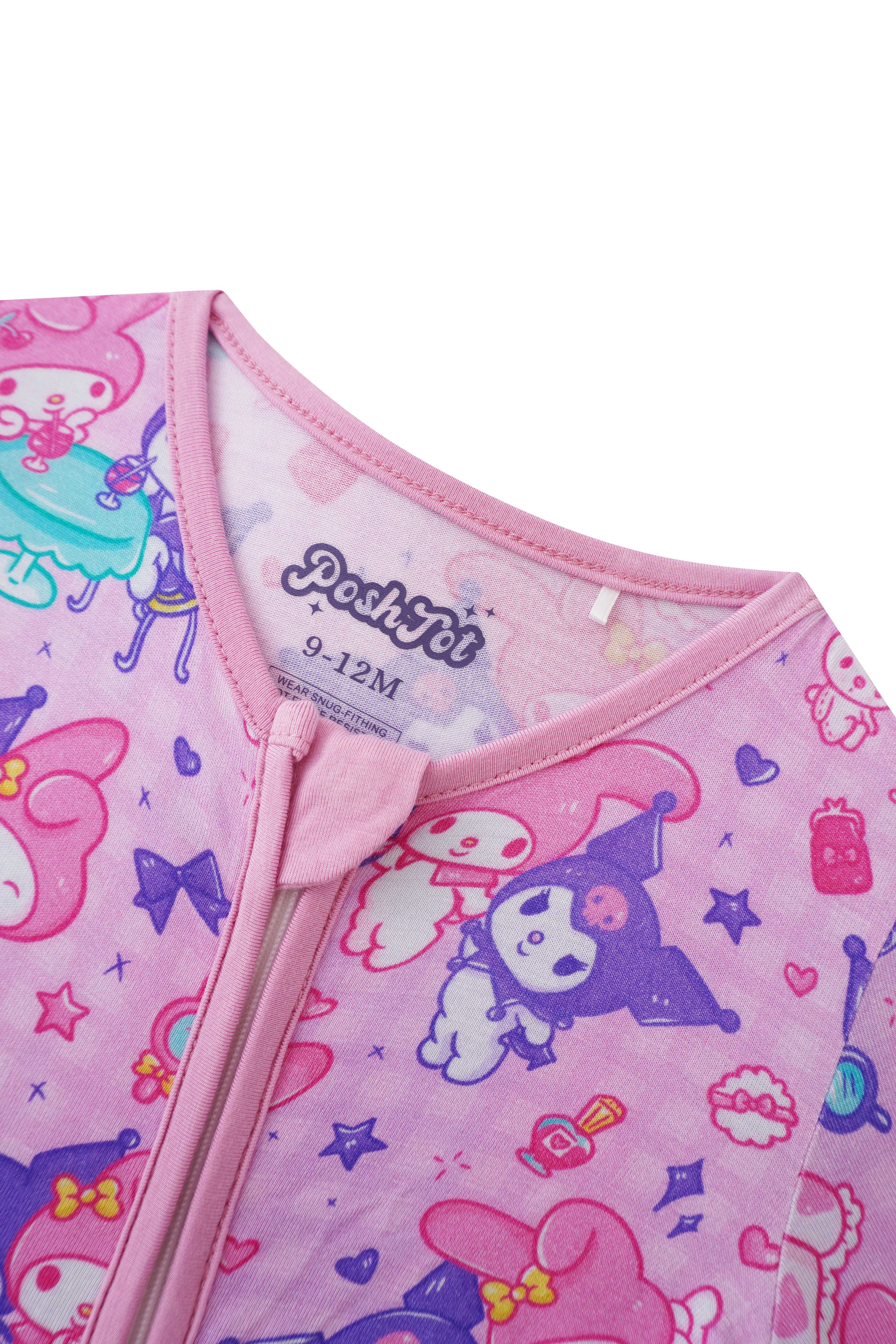 Pink bamboo baby romper neckline with front zipper placket and Kuromi character print