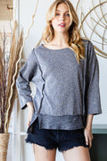 Boat Neck Slit Top with Exposed Seams