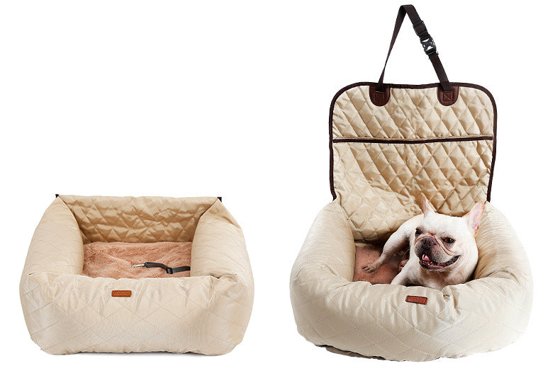 2-in-1 pet car seat pad, beige quilted foldable dog bed with carrier handles