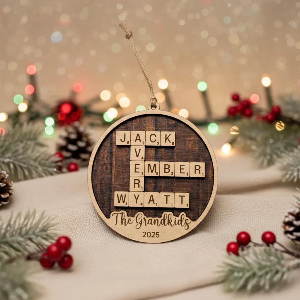 Personalized Christmas ornament with dark-brown center, letter blocks, "The Grandkids", and 2025.