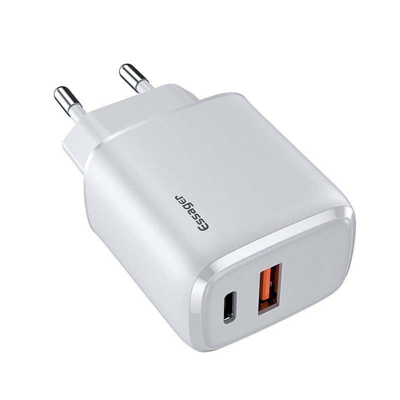 White dual-port phone charger adapter with USB-C and USB-A outlets