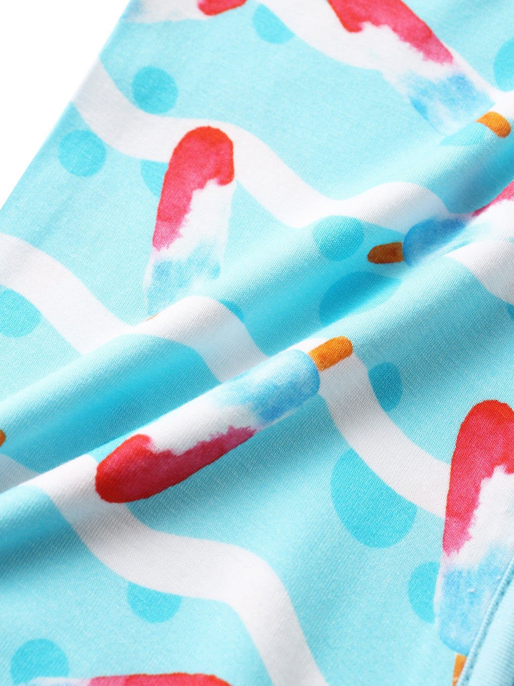 PoshTOT bamboo baby romper close-up fabric in light blue with red ice cream print