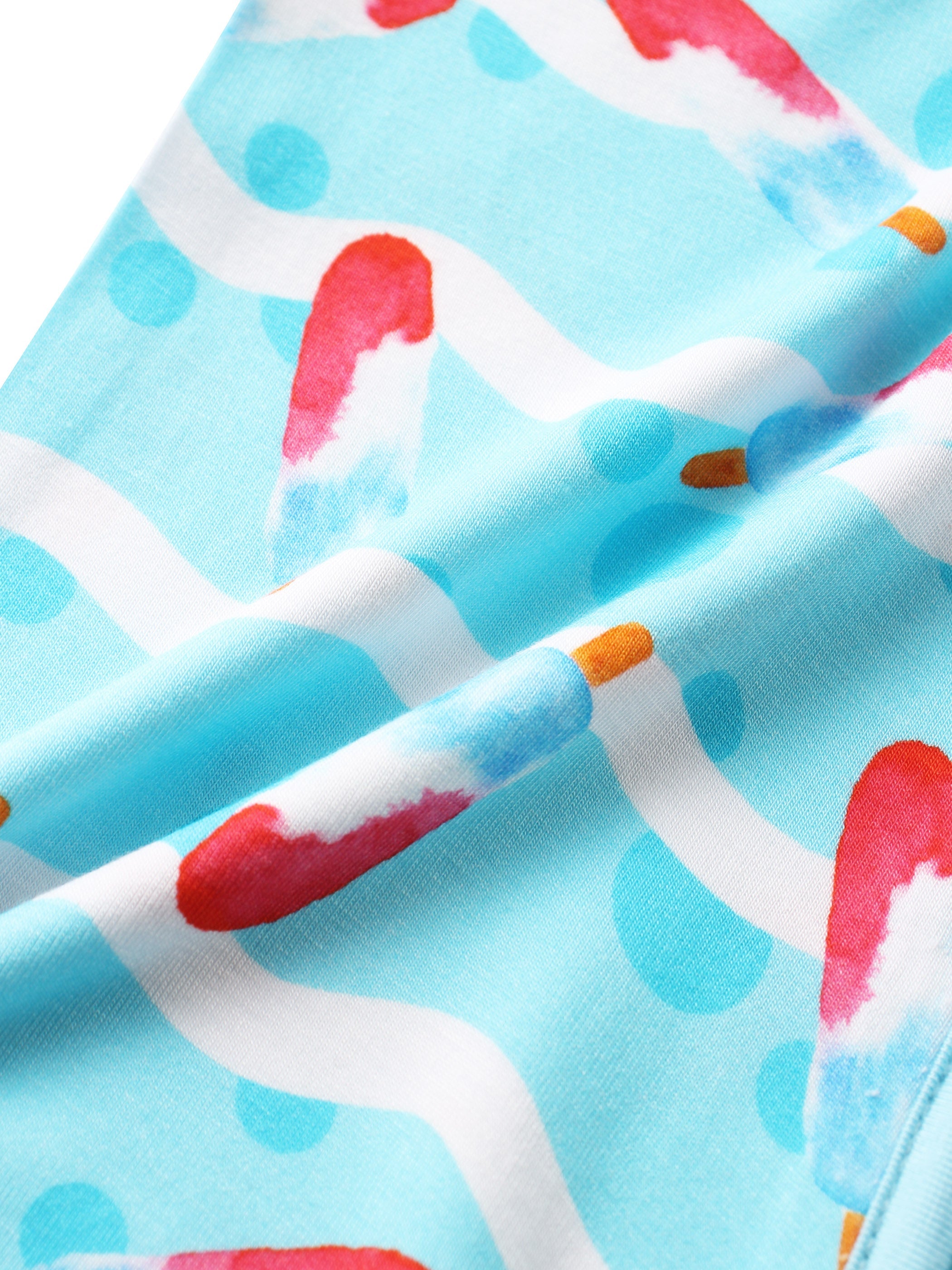 PoshTOT bamboo baby romper close-up fabric in light blue with red ice cream print