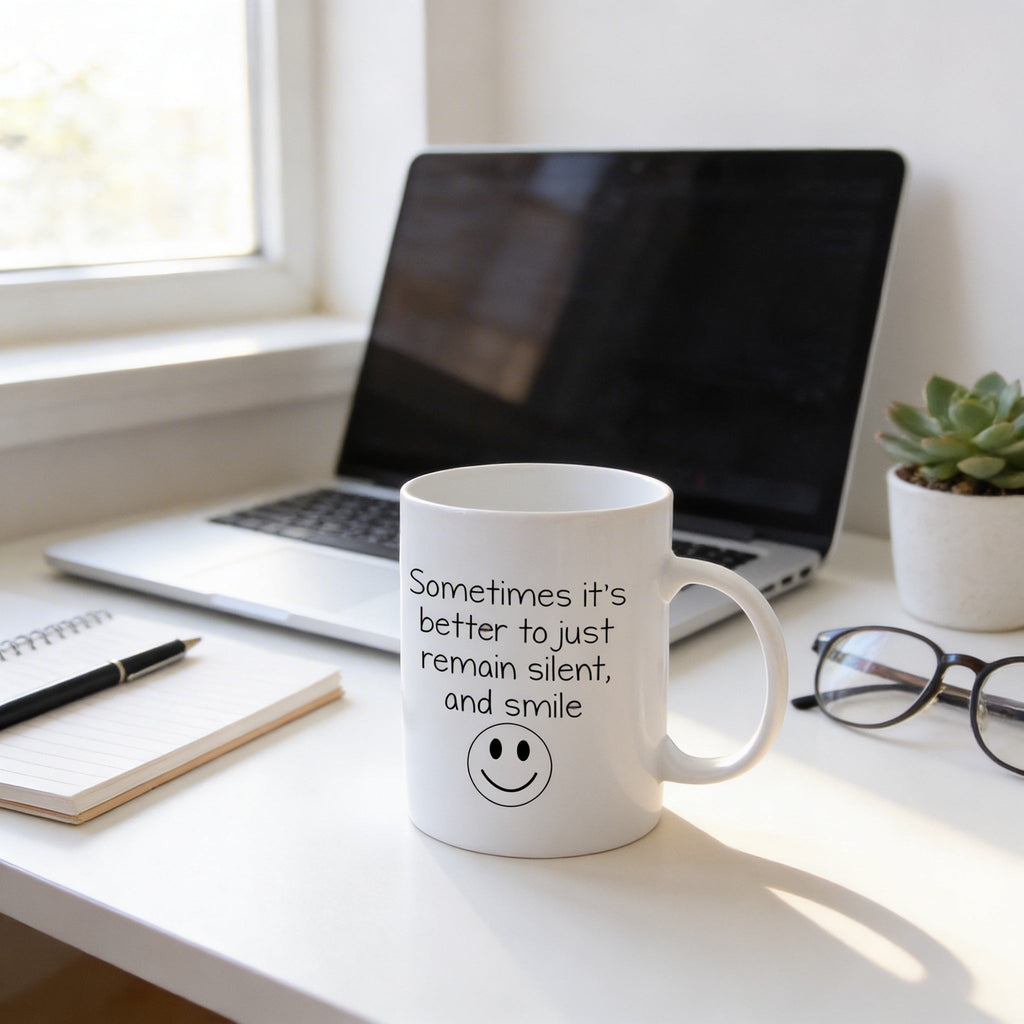 White coffee mug with quote 'Sometimes it's better to just remain silent, and smile' and smiley