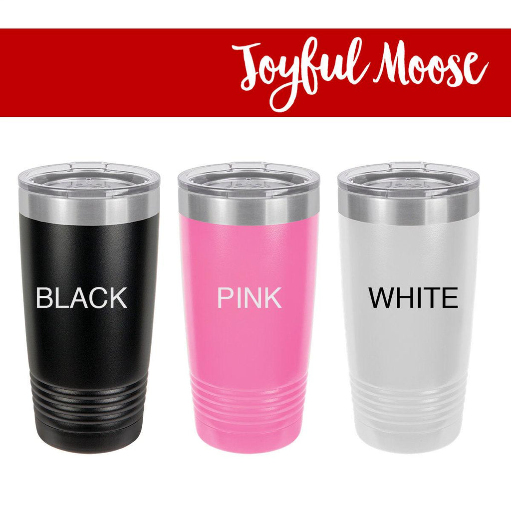 Insulated travel mugs with metal lids in black, pink, and white—mountain stars “Daniel” logo