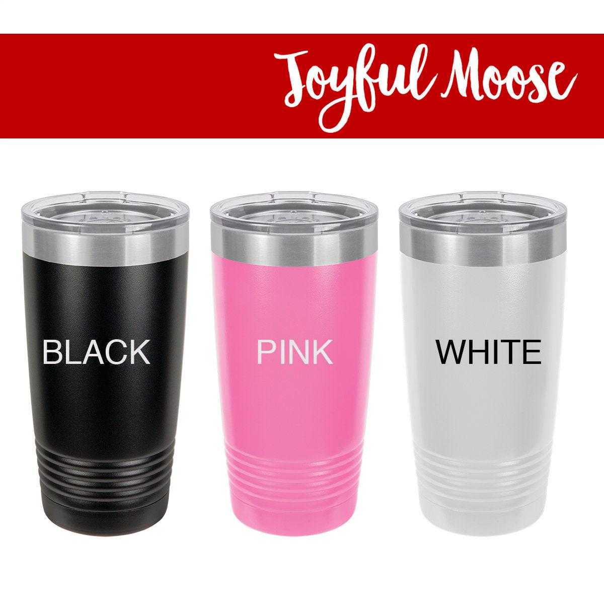 Insulated travel mugs with metal lids in black, pink, and white—mountain stars “Daniel” logo