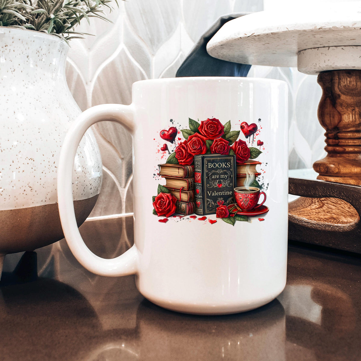 White ceramic mug with handle and Valentine books, red roses, and heart cup design.