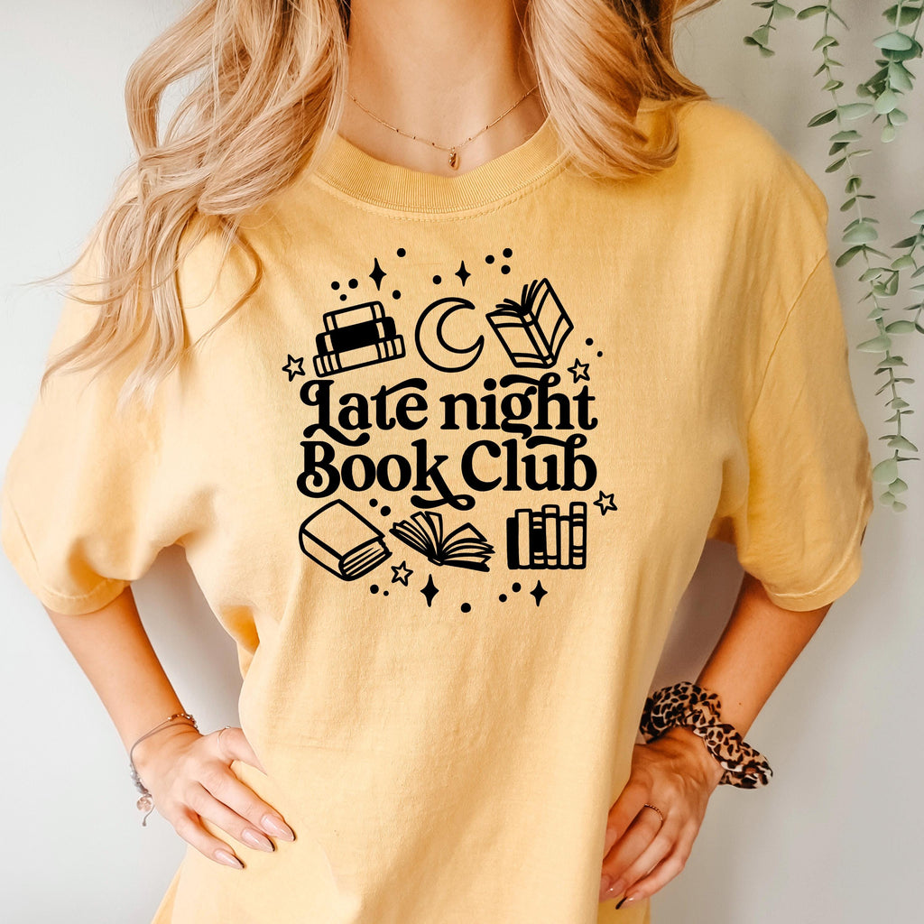 Mustard yellow crewneck tee with 'Late night Book Club' books and moon graphic