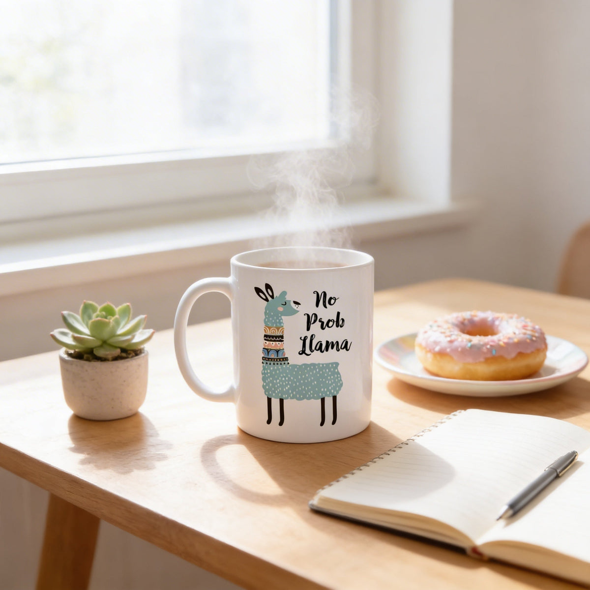 White ceramic mug on table with teal llama and “No Prob Llama” design